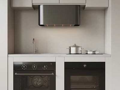 Modern Kitchen Interior With Built-in Ovens Range Hood Gray Cabinets Countertop And Pots 3d model
