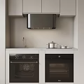 Modern Kitchen Interior With Built-in Ovens Range Hood Gray Cabinets Countertop And Pots