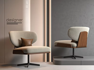Modern Office Chair with Beige Cushion Brown Pillow Wooden Frame and Metal Base 3d model