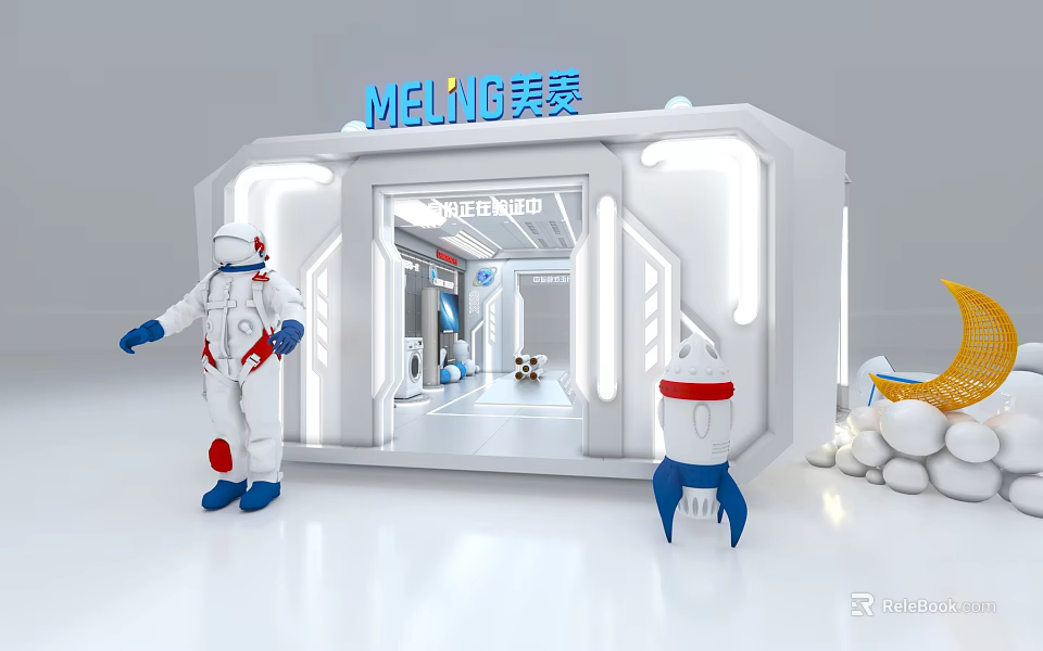 MELING Futuristic Exhibition Stand With Astronaut Rocket Models And White Design 3d model 
