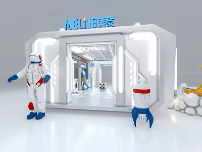 MELING Futuristic Exhibition Stand With Astronaut Rocket Models And White Design 3d model
