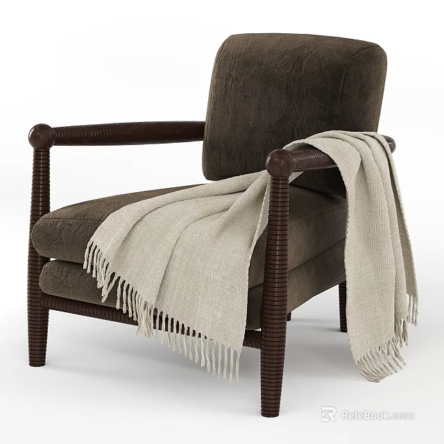 Classic Single Chair With Dark Wooden Armrests Brown Padded Seat And Light Beige Fringed Blanket 3d model 
