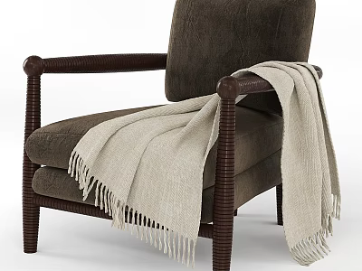 Classic Single Chair With Dark Wooden Armrests Brown Padded Seat And Light Beige Fringed Blanket 3d model