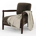 Classic Single Chair With Dark Wooden Armrests Brown Padded Seat And Light Beige Fringed Blanket