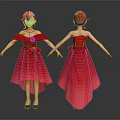 Cartoon Girl Characters With Red Hair Red Off Shoulder Dresses Bow Decorations Front Back Views