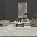 Modern Beige Sofa And Coffee Table Set With Geometric Art Pendant Light Green Plant