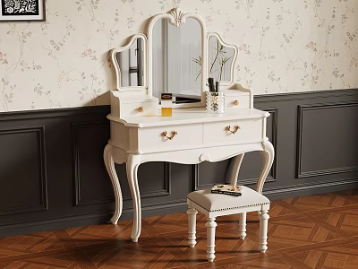 White Vintage Dressing Table With Mirror And Stool On Floral Wallpaper And Dark Wainscoting 3d model