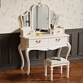 White Vintage Dressing Table With Mirror And Stool On Floral Wallpaper And Dark Wainscoting
