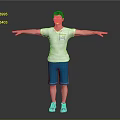 Man With Red Hair White T-Shirt Blue Shorts Arms Outstretched Against Gray Background Wearing Sneakers