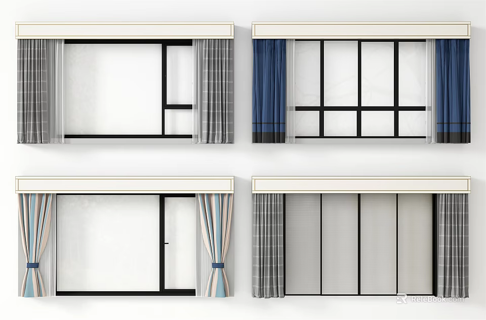 Various Style Curtains With Blue Gray And Striped Patterns For Windows 3d model