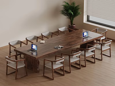Spacious Meeting Room Interior With Wooden Table Laptops Potted Plant And Natural Light 3d model