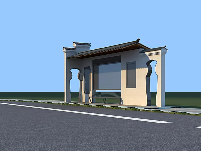 Traditional Style Landscape Pavilion With Sloped Roof Decorative Columns And Roadside Bench 3d model