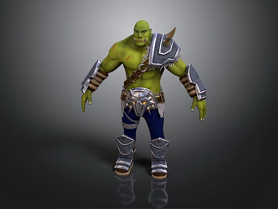 Muscular Green Skinned Man Wearing Silver Armor Shoulder Plates Belt And Blue Pants 3d model