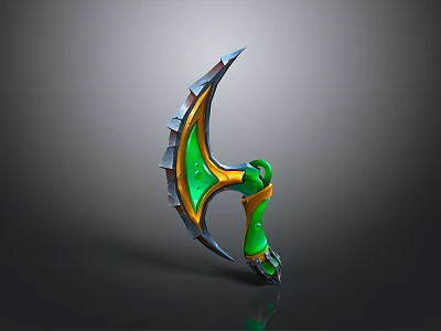 Fantasy Axe with Green and Gold Decorative Handle Sharp Serrated Blade and Ornate Details 3d model