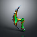 Fantasy Axe with Green and Gold Decorative Handle Sharp Serrated Blade and Ornate Details