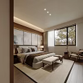 Modern Chinese Living Room Interior With Landscape Painting Backdrop Wooden Furniture And Large Windows
