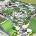 Modern Park Landscape With Curved Pathways Circular Plazas Playground And Green Lawns