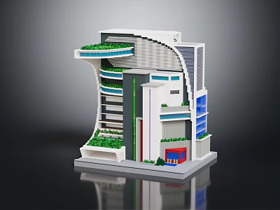 Cartoon Building Model With Modern Design Green Plants Curved Balconies And Colorful Accents 3d model