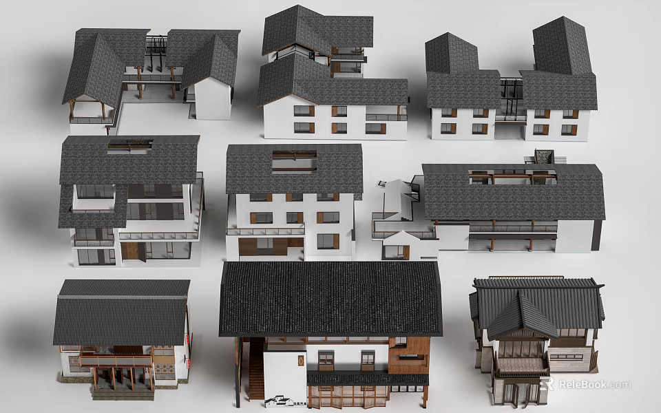 Rural Self built Houses With Traditional Tiled Roofs And Various Exterior Designs 3d model 