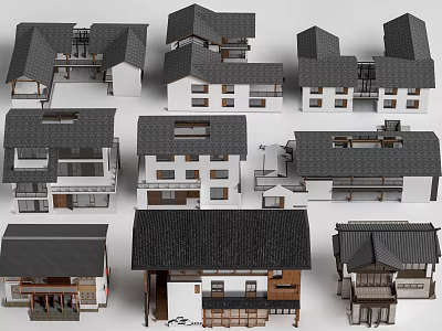 Rural Self built Houses With Traditional Tiled Roofs And Various Exterior Designs 3d model