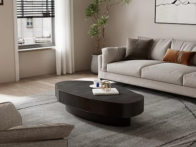 Stylish Black Curved Coffee Table In Modern Living Room With Light Gray Sofa And Rug 3d model