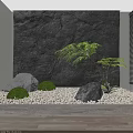 Garden Decorative Arrangement With Stone Wall Pebble Ground Stones Green Shrubs And Fern Plant
