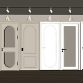 Various Style Interior Doors In Light Gray And White With Arched Glass And Dark Floor