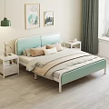 Light Blue Double Bed With Pillows White Nightstands Table Lamps And Wall Art