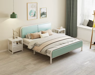 Light Blue Double Bed With Pillows White Nightstands Table Lamps And Wall Art 3d model