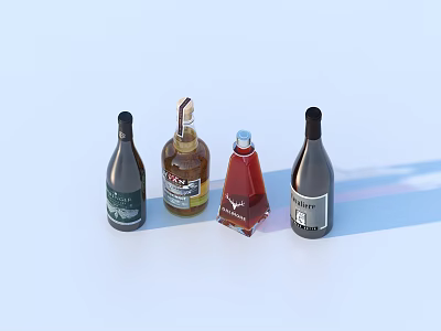 Four Wine Bottles In Different Colors And Shapes With Various Labels On Light Blue Background 3d model