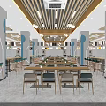 Modern Restaurant Interior With Dining Tables Chairs Marble Counters Wooden Ceiling And Blue Illuminated Columns