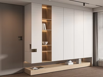 Modern Wardrobe Interior Design With White Doors Wooden Shelves And Bottom Storage Shelf 3d model