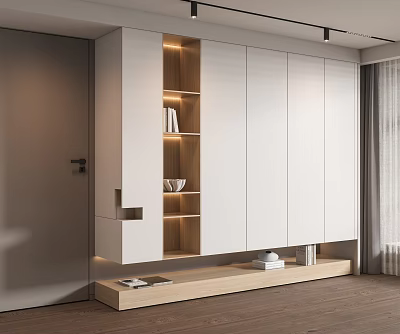 Modern Wardrobe Interior Design With White Doors Wooden Shelves And Bottom Storage Shelf 3d model