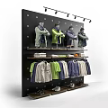 Clothing Display Rack with Mannequins Jackets Hanging Sweaters Folded Clothes and Shoes