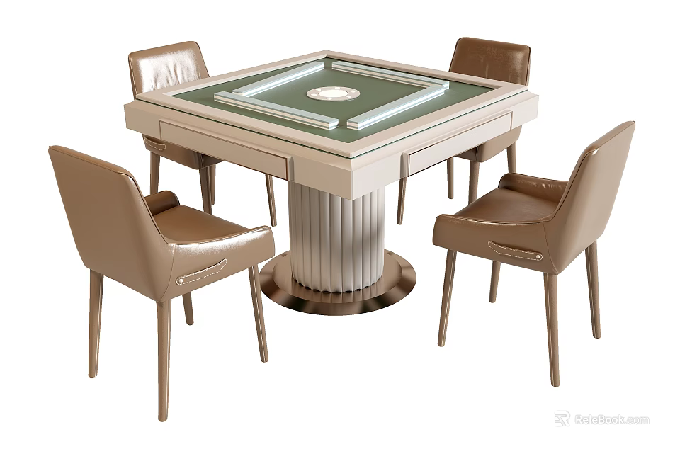 Modern Entertainment Table With Square Green Surface And Four Leather Chairs 3d model 