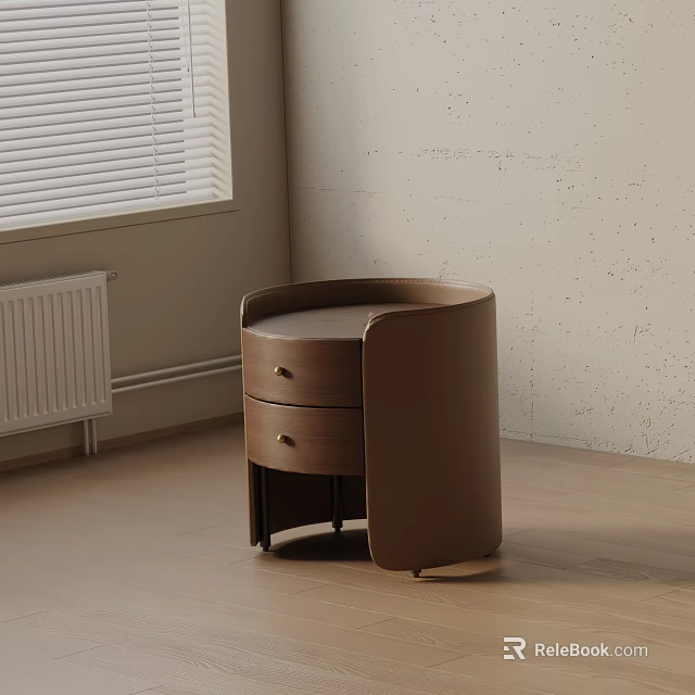 Modern Brown Wooden Bedside Table With Round Top And Two Drawers 3d model 