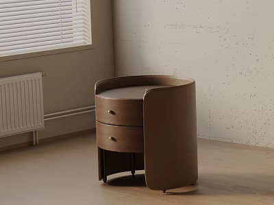 Modern Brown Wooden Bedside Table With Round Top And Two Drawers 3d model