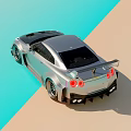 Sleek Silver Sports Car With Black Hood Stripes Large Rear Spoiler And Yellow Headlights
