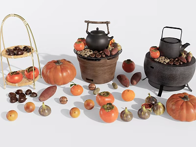Traditional Tea Set Featuring Black Teapot Clay Pots Bamboo Rack Fresh Persimmons Pumpkins Nuts 3d model