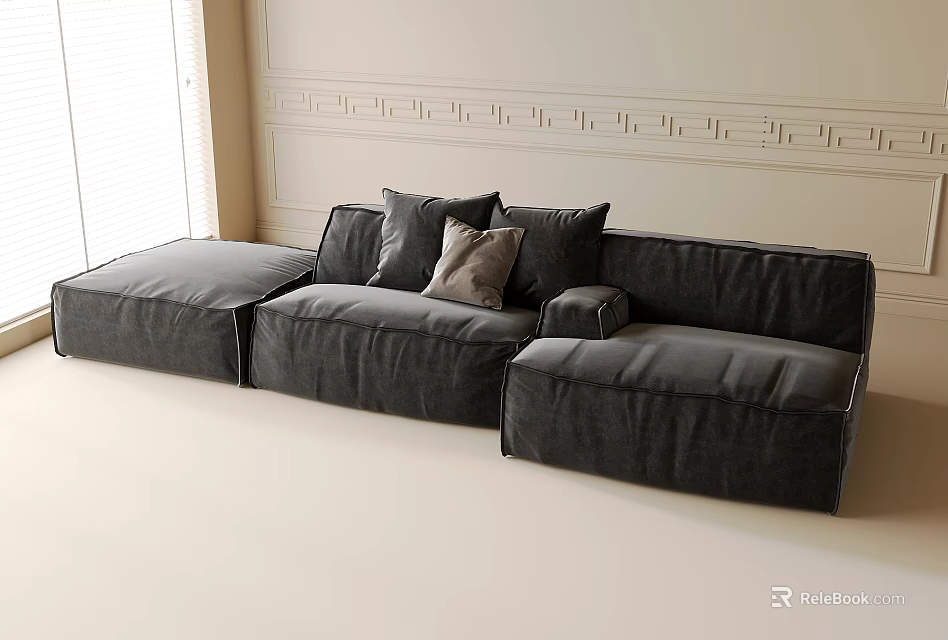 Modern Gray Sectional Sofa With Plush Accent Pillows And Decorative Wall In Bright Living Space 3d model 