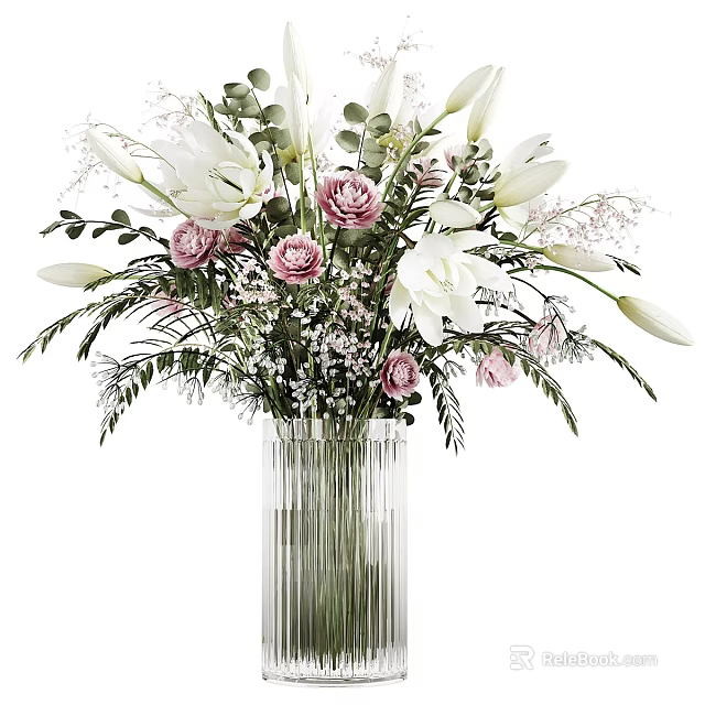 Clear Glass Vase With White Lilies Pink Roses Green Leaves And Small White Flowers 3d model 