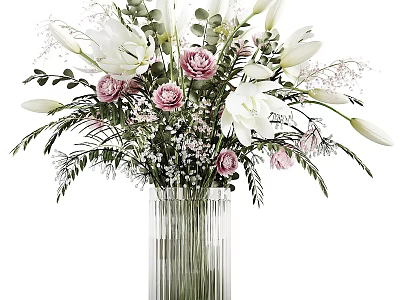 Clear Glass Vase With White Lilies Pink Roses Green Leaves And Small White Flowers 3d model
