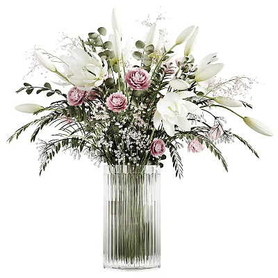 Clear Glass Vase With White Lilies Pink Roses Green Leaves And Small White Flowers 3d model