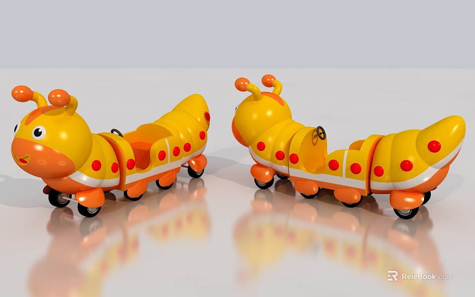 Yellow Caterpillar Shaped Children's Toy Vehicles With Red Spots And Rolling Wheels 3d model 