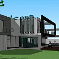 Modern Detached Villa With Swimming Pool Wooden Deck And Palm Tree Lounge Chairs