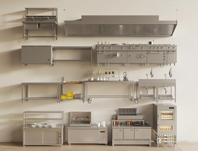 Stainless Steel Kitchen Cabinets With Wall Mounted Shelves Rolling Cart And Storage Units 3d model 