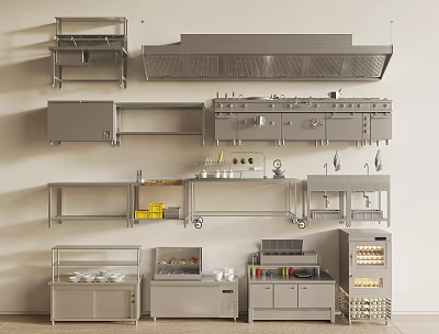 Stainless Steel Kitchen Cabinets With Wall Mounted Shelves Rolling Cart And Storage Units 3d model
