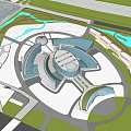 Modern Public Building With Circular Layout Geometric Roof Structures Green Spaces And Water Features