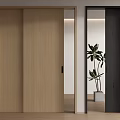 Light Wood And Dark Gray Interior Sliding Doors With Open Panel And Plant Background