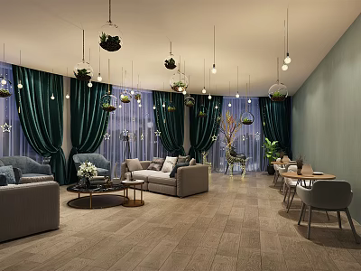 Modern Meeting Room Interior Featuring Sofa Seating Hanging Lights And Green Plants 3d model